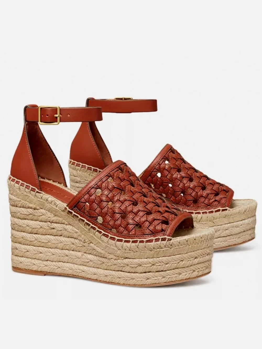 Tory Burch leather basket weave espadrille platform sandals, size 7